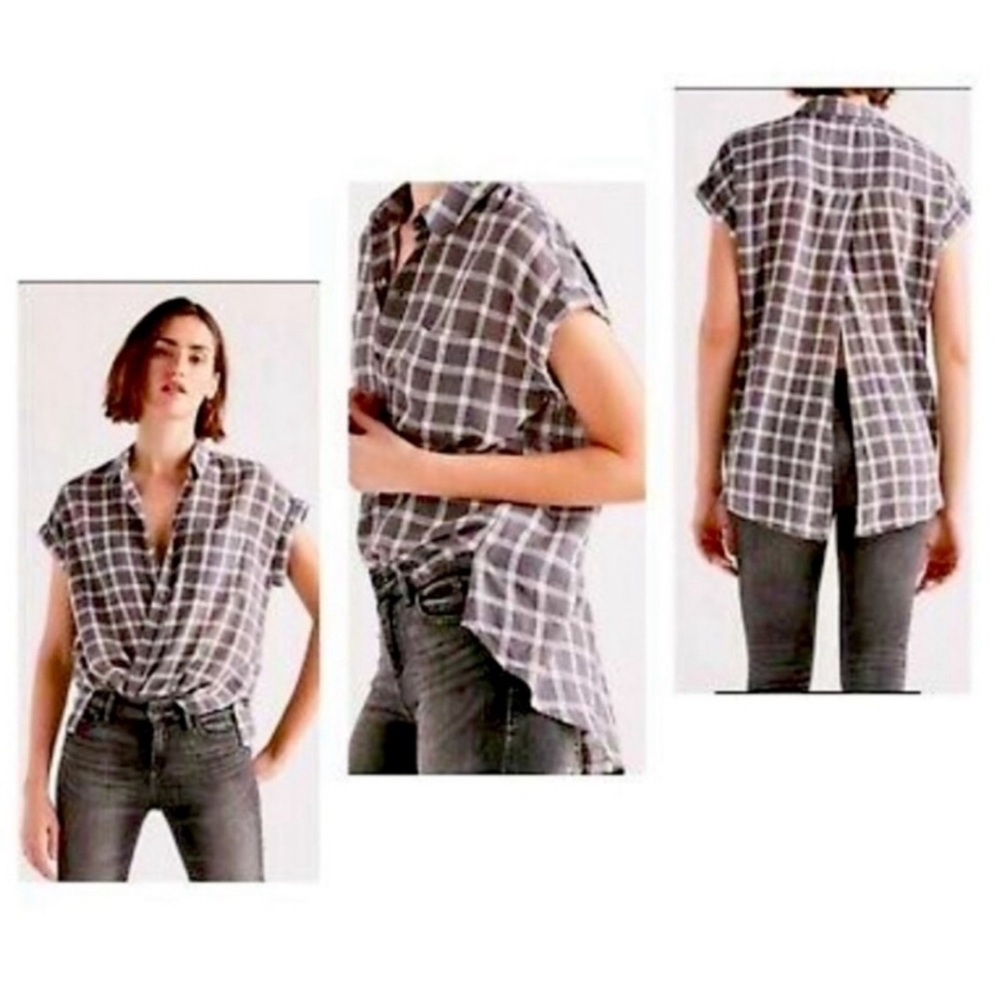 Lucky Brand Gray Plaid Button Front Shirt Tie Back